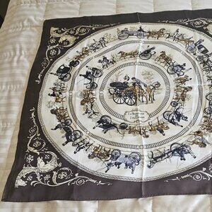 Hermes Brown Silk Square Scarf ‘La Promenade De Longchamps’ Philippe Ledoux